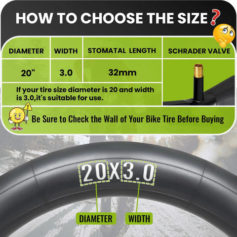 Size guide for 20x3.0 Fat Bike Inner Tubes 2 Pack, 32mm Schrader Valve visible, indicating use for 20x3.0 inch tires.
