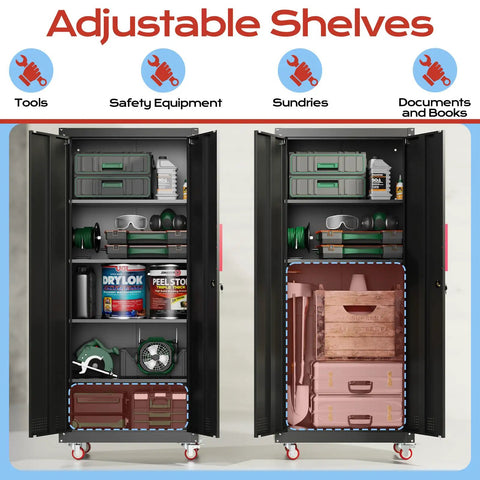 71 Inch Tall Lockable Garage Storage Cabinet On Wheels With Four Adjustable Shelves Beefy Heavy Duty Steel Construction For Home Shop Or Warehouse Scratch Resistant Powder Coated Finish Easy Roll Casters Locking Latch, open black steel cabinet