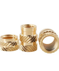 Brass Heat Insert Nuts Kit M2 To M8 Set With Double Twill Knurled Threads, Includes M6x9mm 10pcs, Durable Quick Install Fasteners For 3D Printing, DIY Projects, Electronics Enclosures, And Hobby Builds. Brass threaded inserts shown front and side views.