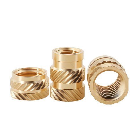 Brass Heat Insert Nuts Kit M2 To M8 Set With Double Twill Knurled Threads, Includes M6x9mm 10pcs, Durable Quick Install Fasteners For 3D Printing, DIY Projects, Electronics Enclosures, And Hobby Builds. Brass threaded inserts shown front and side views.