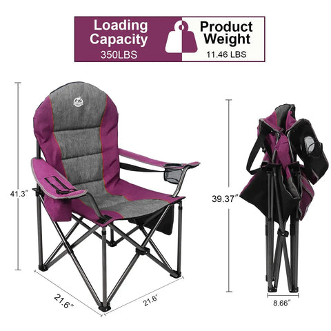 Oversized Portable Camping Chair With Cup Holder And Cooler Bag Full Padding Lumbar Support 350 Pounds Capacity Purple