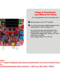 Close-up of a voltage and potentiometer input method setup with caution notes and connection instructions on a red circuit board.