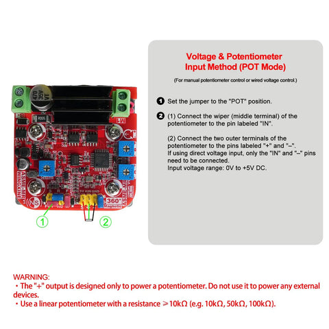 Close-up of a voltage and potentiometer input method setup with caution notes and connection instructions on a red circuit board.