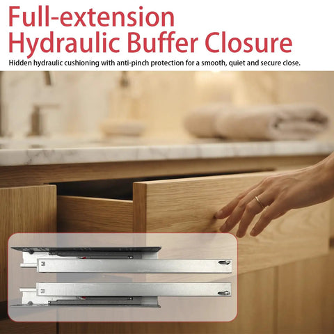 6 Pair 14 Inch Undermount Drawer Slides Soft Close Full Extension Cabinet Hardware showing hydraulic closure and polished silver runners.