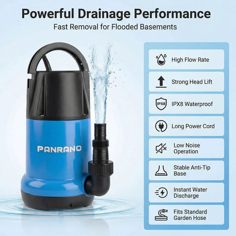 1HP Submersible Sump Pump With 3700 GPH Flow For Clean Or Dirty Water, Portable Drain Pump For Pools, Hot Tubs, Basements And Water Transfer, Light Blue, Energy Efficient, Quick Setup, Heavy Duty Performance with feature icons