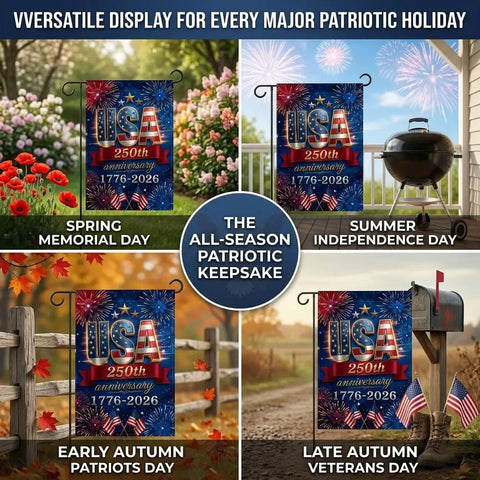 All American 250th Anniversary Flag For Outdoors Double Sided Yard Decor 12x18 Inch Garden Flag With UV Protection And Fade Resistant Colors 1776 To 2026 Patriotic Blue displayed in seasonal settings