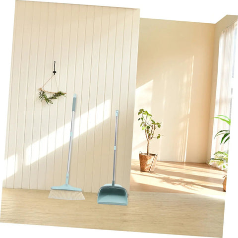 Top Shelf Long Handle Dustpan And Broom Set For All Hard Floors, No Sweat Sweeping Kit For Wood Tile And Laminate in a bright room.