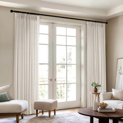 Pinch Pleated Linen Sheer Curtains 102 Inch Long, Two Panel Set With Ring Hooks And Clips For Track System installed in living room
