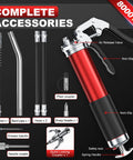 Front view: Fantictas grease gun kit, red pistol-grip, spring hose, bend pipe, two hoses, sharp nozzle, quick-locking coupler