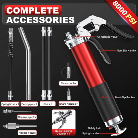 Front view: Fantictas grease gun kit, red pistol-grip, spring hose, bend pipe, two hoses, sharp nozzle, quick-locking coupler