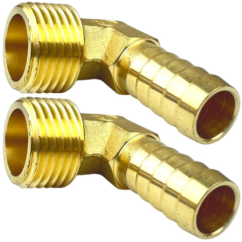 Two brass 90-degree hose barb to 1/2in NPT male elbow fittings