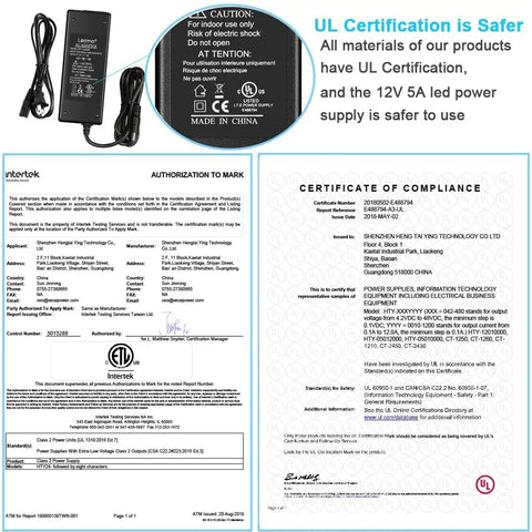 12V 5A LED Power Supply For LED Strip Lights, AC To DC Adapter, 60W Max, alongside UL certification documents