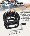 Heavy Duty Router Lift System With Four Jaw Chuck For Hassle Free Height Adjustments And Rock Solid Router Table Inserts crafted for Pro Shop Rigs. Four-jaw clamping design.