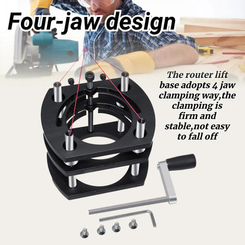 Heavy Duty Router Lift System With Four Jaw Chuck For Hassle Free Height Adjustments And Rock Solid Router Table Inserts crafted for Pro Shop Rigs. Four-jaw clamping design.