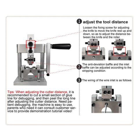 Essential Hand Crank Wire Stripping Machine For Copper Cable with adjustments for tool distance, showing setup instructions.