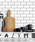 Subway Tile Peel And Stick Backsplash Kit With 10 Sheets in polished white ceramic look, shown in kitchen setting with utensils.