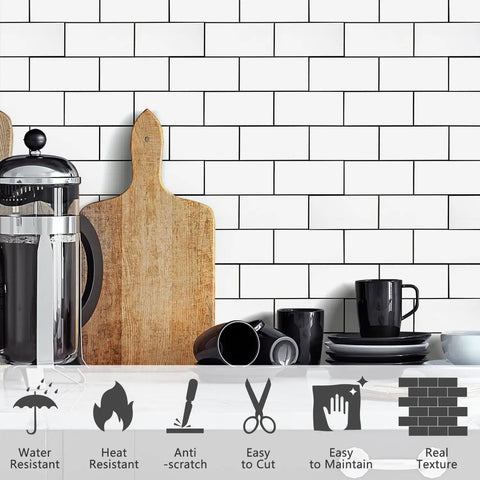 Subway Tile Peel And Stick Backsplash Kit With 10 Sheets in polished white ceramic look, shown in kitchen setting with utensils.