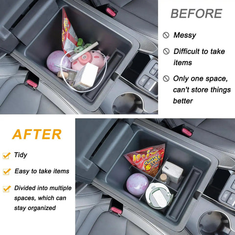 Before and after using 2-Piece Center Console Organizer and Armrest Divider Set for 2023-2026 Honda Pilot, 2024-2026 Passport and Ridgeline