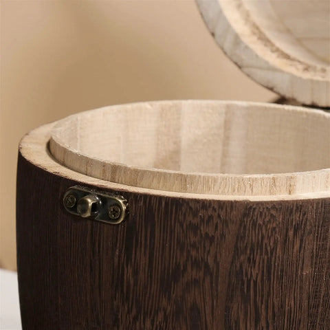 Close-up of the Top Shelf Wood Coffee Canister with secure tight seal, showing the interior and detailed wooden finish.
