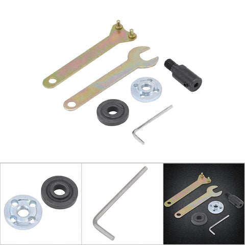 Front view of an angle grinder chuck kit showing two spanner wrenches, shaft adapter, flange, rubber seal, and hex key.
