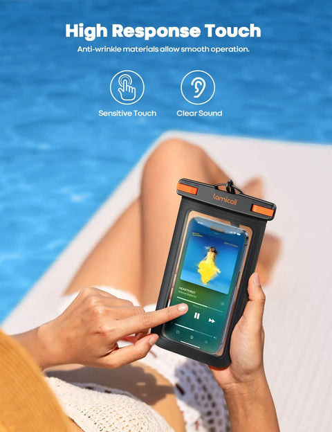 Person using Big Case Friendly Waterproof Phone Pouch Case IPX8 by the pool with a smartphone inside, touchscreen displayed