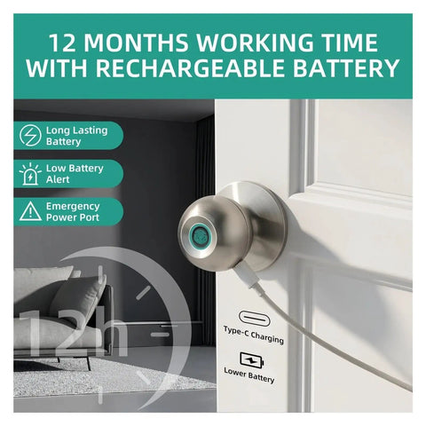 Ditch The Old School Keys With This Ultra Smooth One Touch Fingerprint Smart Lock Keyless Entry Door Deadbolt Fo Shur close-up of door lock with rechargeable battery and charging cable.