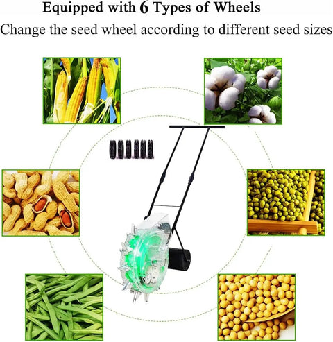 Handy Manual Seed Spreader And Fertilizer Applicator For Small Farms And Home Gardens with 6 seed-setting wheels.