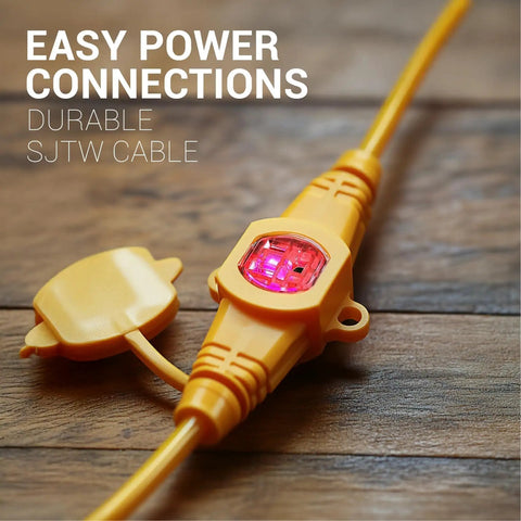 Close-up of a durable SJTW cable from the 50 Ft Heavy Duty Outdoor Indoor Extension Cord with 11 outlets for Christmas lights.