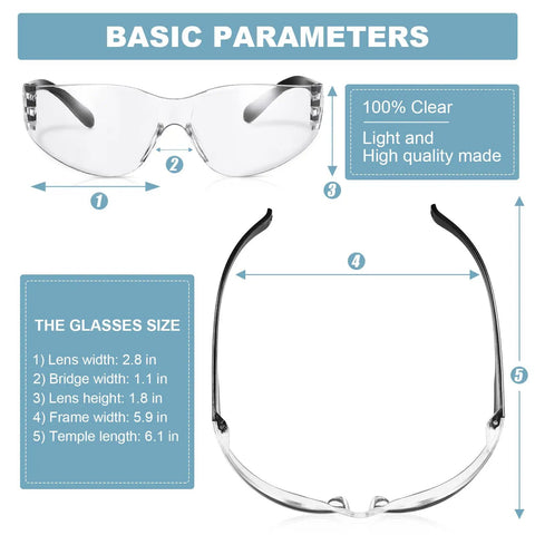 Bulk 48 Pairs Clear Safety Glasses Anti Fog Eyewear For Men And Women, product size and dimensions display, impact safe goggles