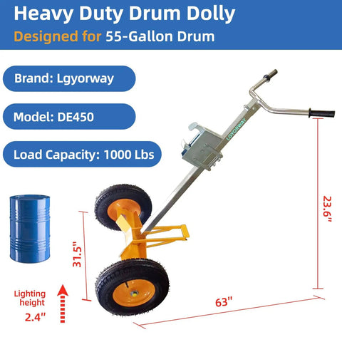 Heavy Duty 55 Gallon Drum Dolly With Industrial Hand Truck, Extra Large 16 Inch Pneumatic Tires, 1000 Lb Capacity