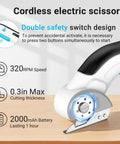 Cordless Electric Scissors Heavy Duty Fabric Cutter with double safety switch design and ergonomic handle for easy cutting.