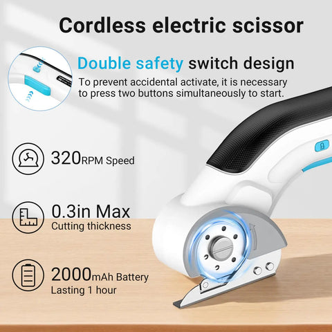 Cordless Electric Scissors Heavy Duty Fabric Cutter with double safety switch design and ergonomic handle for easy cutting.