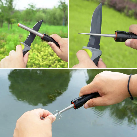 Three-In-One Diamond Sharpener For Knives And Tools With 4 Inch 600 Grit Rod Sharpens Straight Edges Serrations And Gut Hooks Includes Fishhook Groove Durable Aluminum Handle Pocket Knife Sharpener