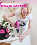 Woman using Pink 175 Piece 20V Cordless Drill Tool Set For Women with Large Capacity Storage Bag, DIY home repair