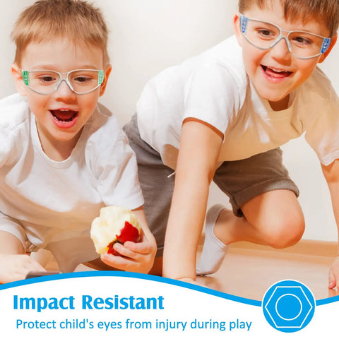 Children wearing 12 Pcs Kids Safety Goggles Bulk Eye Protection For Science Class Lab And Sports Youth Size Multicolor Scratch Resistant Polycarbonate Lenses With Durable Frames Kid Safe Ready For Any Activity.