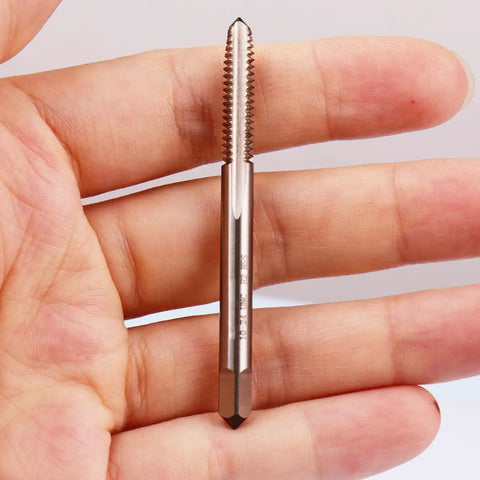 Holding a Two Pack No 10 24 UNC Thread Tap Right Hand M2 HSS, 10 X 24 UNC Straight Fluted Machine Tap, durable high speed steel
