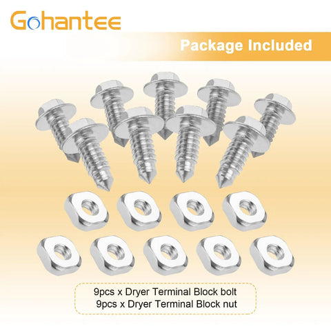 9 Piece Dryer Terminal Block Screw Kit Replacement For Whirlpool And Kenmore, showing bolts and nuts set on display.
