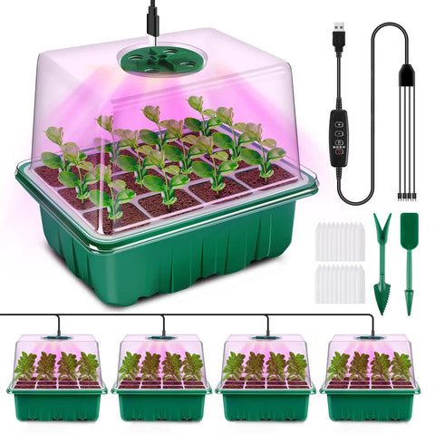 4 Pack Seed Starter Kit with Grow Light Trays, Auto Timer and Adjustable Brightness, Thick Seedling Trays With Humidity Domes.