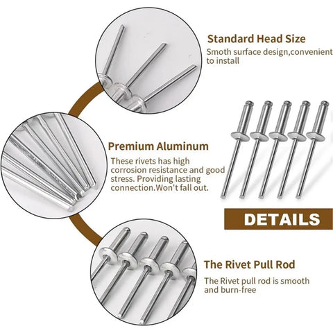 500 Pcs Aluminum Pop Blind Rivet Assortment Kit For Boat Duct Home Hardware Fasteners, Quick Install With Manual Or Pneumatic Rivet Tool, Vibration Resistant, Strong Secure Hold For Diy Projects, 4.8x20mm aluminum rivets