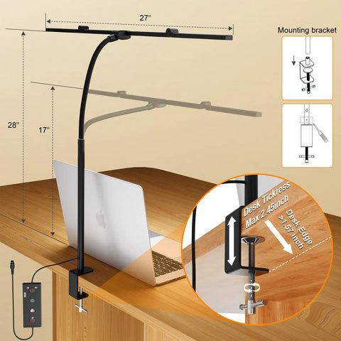 Ultra Wide 31.5 Inch Desk Lamp With Clamp 24W 1800LM Auto Dimming Five Color Modes Timer Tall Architect Desk Light mounted on desk