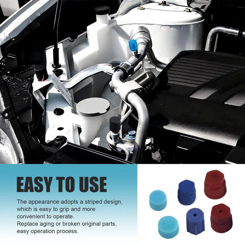 26 Pcs R12 R134a AC Caps Kit For Car 10 Size Air Conditioning Port Covers shown with engine components and use directions