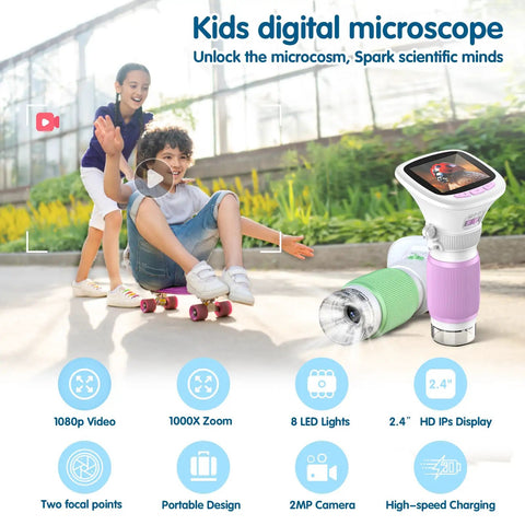 Recordable Kids Digital Microscope With 2.4 Inch IPS Screen 200W Photo And Video 1000X Magnification Illuminated Handheld Microscope