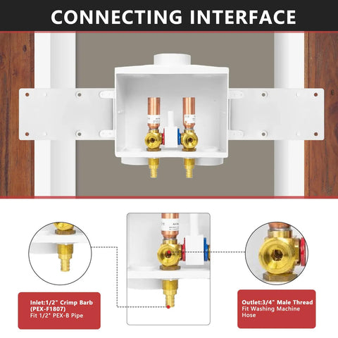 Double Drain Laundry Outlet Box With Half Inch Crimp Pex F1807 Inlet Single Lever Hot Cold Valve Copper Water Hammer Arrestor Three Quarter Inch MHT Outlet Easy Frame Panel Install For Quiet Reliable Home Plumbing WM016 showing the connecting interface with inlet and outlet fittings.
