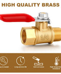 Brass 1/4 Inch NPT Air Compressor Valve Set, Heavy Duty Shutoff, showing red handle, male to female pipe fitting, corrosion resistant