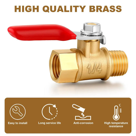 Brass 1/4 Inch NPT Air Compressor Valve Set, Heavy Duty Shutoff, showing red handle, male to female pipe fitting, corrosion resistant