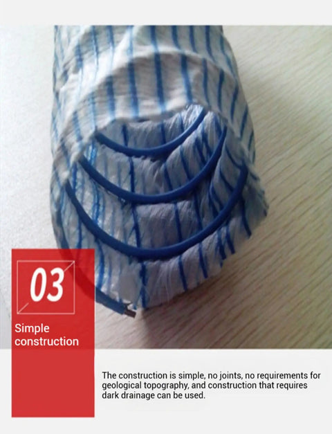 End view of six inch perforated drain pipe showing steel wire reinforcement and nonwoven filter for yard drainage, 20m length.