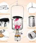 Diagram of Portable Propane Gas Lantern For Camping With Copper And Stainless Steel Construction, highlighting features