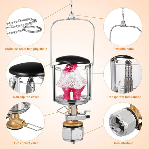 Diagram of Portable Propane Gas Lantern For Camping With Copper And Stainless Steel Construction, highlighting features
