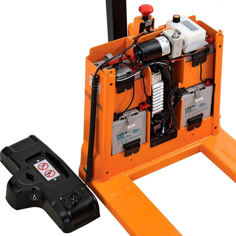 Heavy Duty Four Thousand Lb Self Propelled Electric Pallet Jack With 27 By 45 Inch Stainless Forks and electric controls showing battery system.
