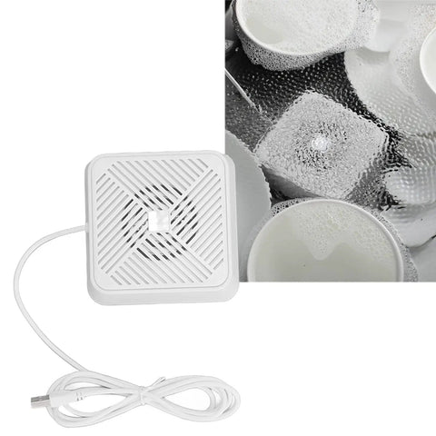 Ultra Compact Portable USB Dishwasher For Kitchen Sink, White Ultrasonic Cleaner with USB cord and bubbling clean dishes.
